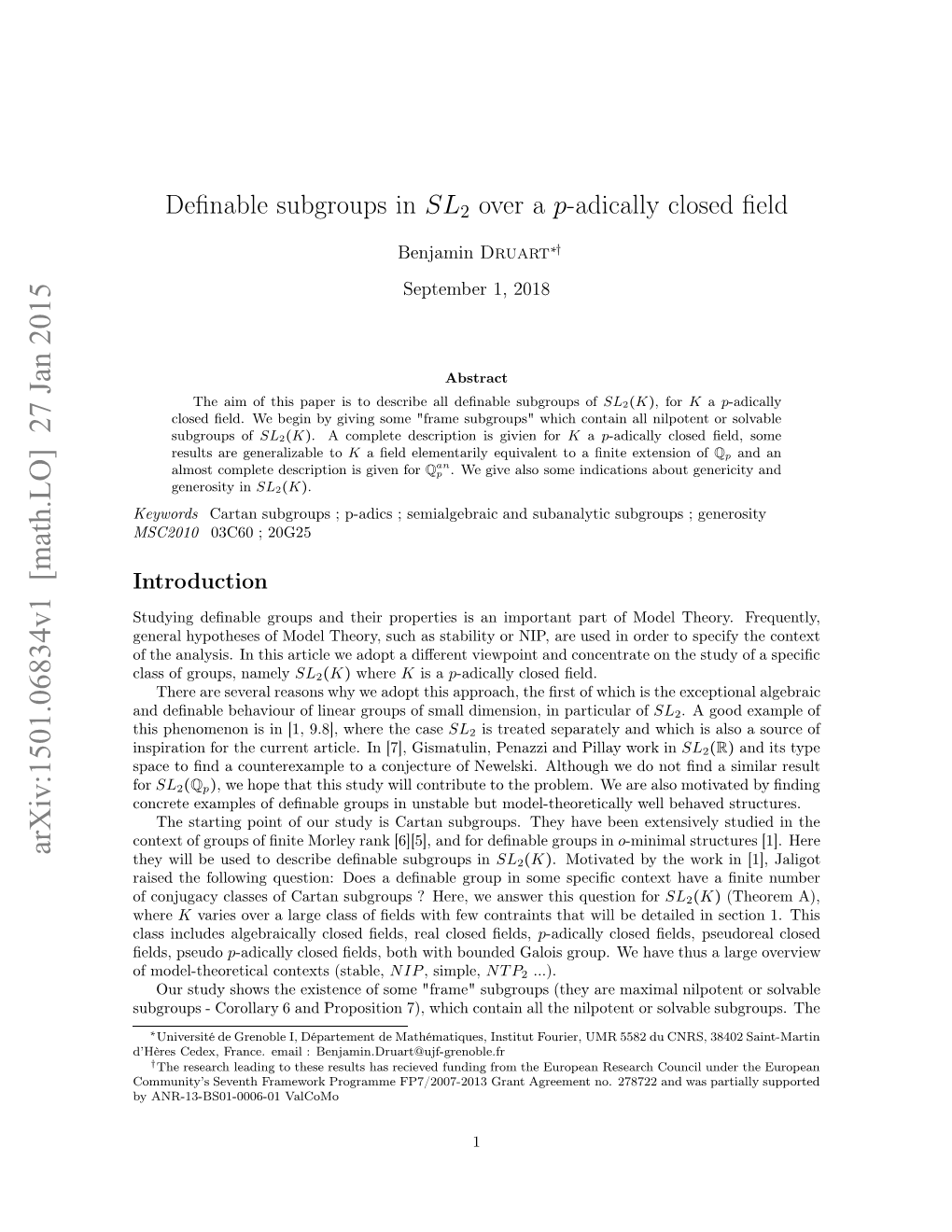 Definable Subgroups in $ SL\ 2 $ Over a P-Adically Closed Field