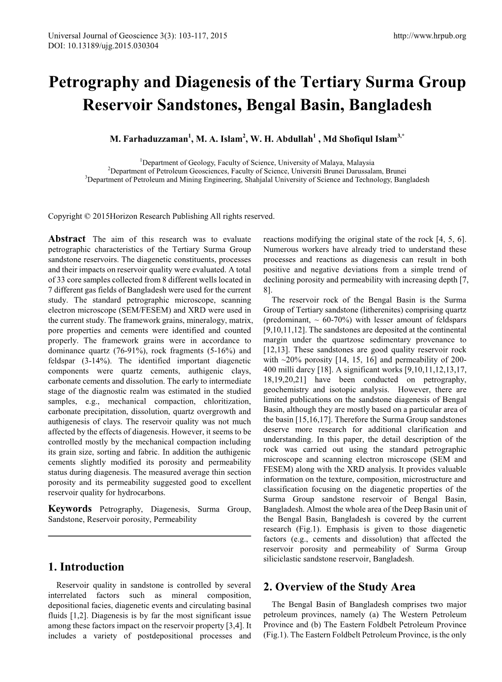 Petrography and Diagenesis of the Tertiary Surma Group Reservoir Sandstones, Bengal Basin, Bangladesh