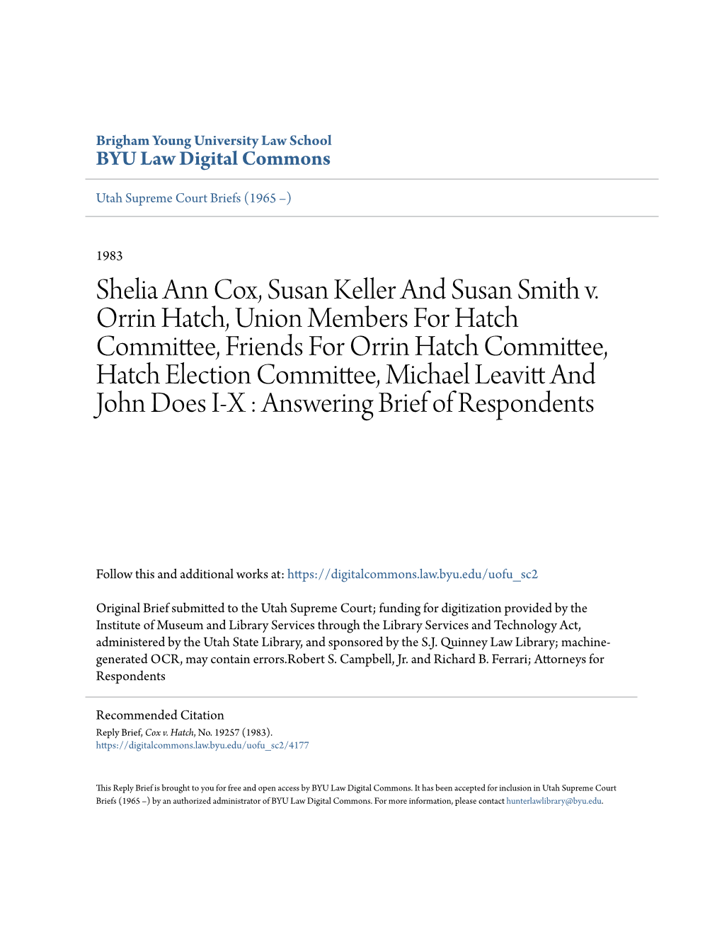 Shelia Ann Cox, Susan Keller and Susan Smith V. Orrin Hatch, Union