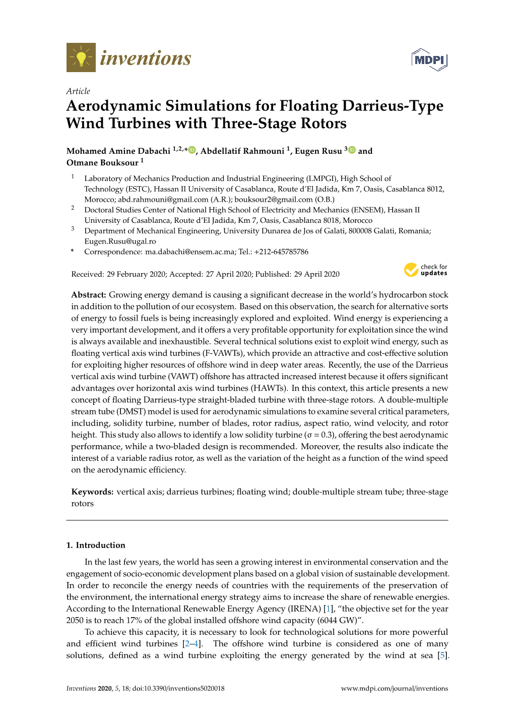 Aerodynamic Simulations for Floating Darrieus-Type Wind Turbines with Three-Stage Rotors