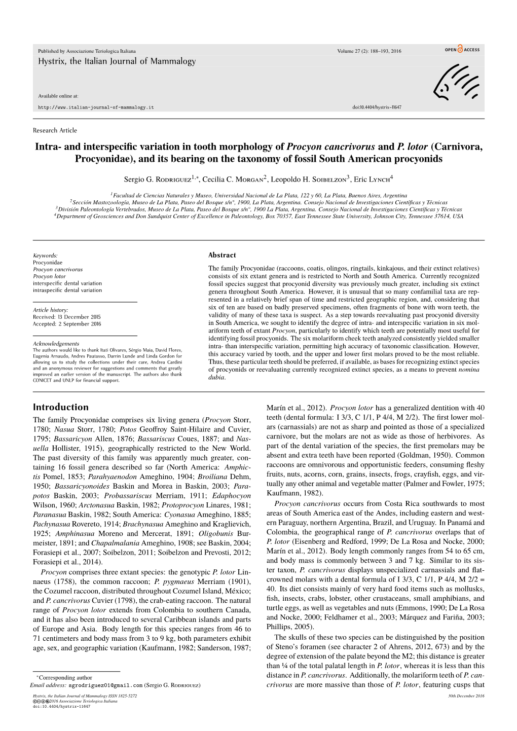 Intra- and Interspecific Variation in Tooth Morphology of Procyon