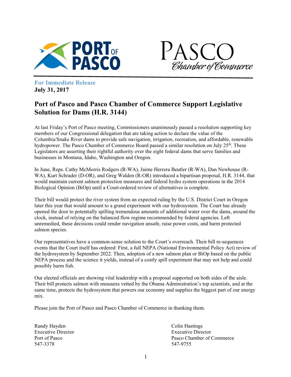 Port of Pasco and Pasco Chamber of Commerce Support Legislative Solution for Dams (H.R