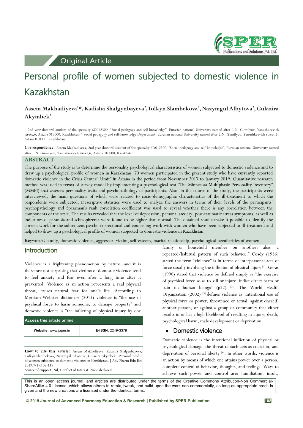 Personal Profile of Women Subjected to Domestic Violence in Kazakhstan