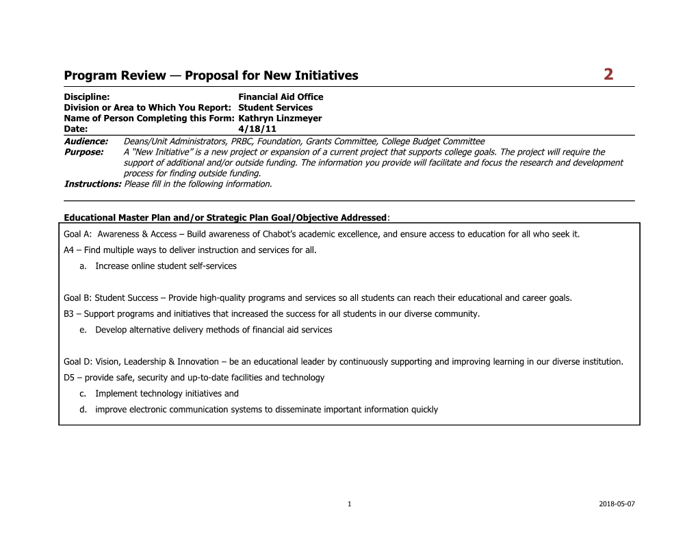 Program Review Proposal for New Initiatives 2