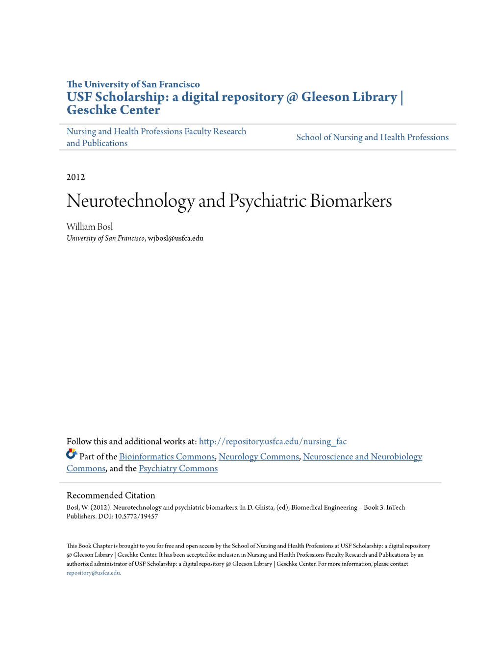 Neurotechnology and Psychiatric Biomarkers William Bosl University of San Francisco, Wjbosl@Usfca.Edu