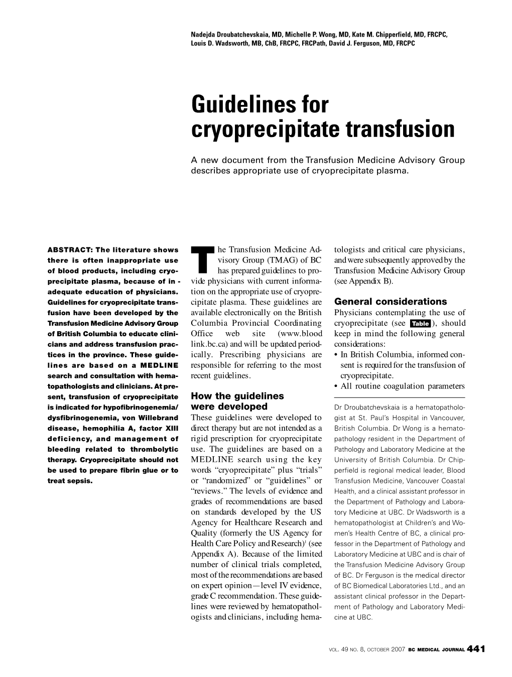 Guidelines for Cryoprecipitate Transfusion