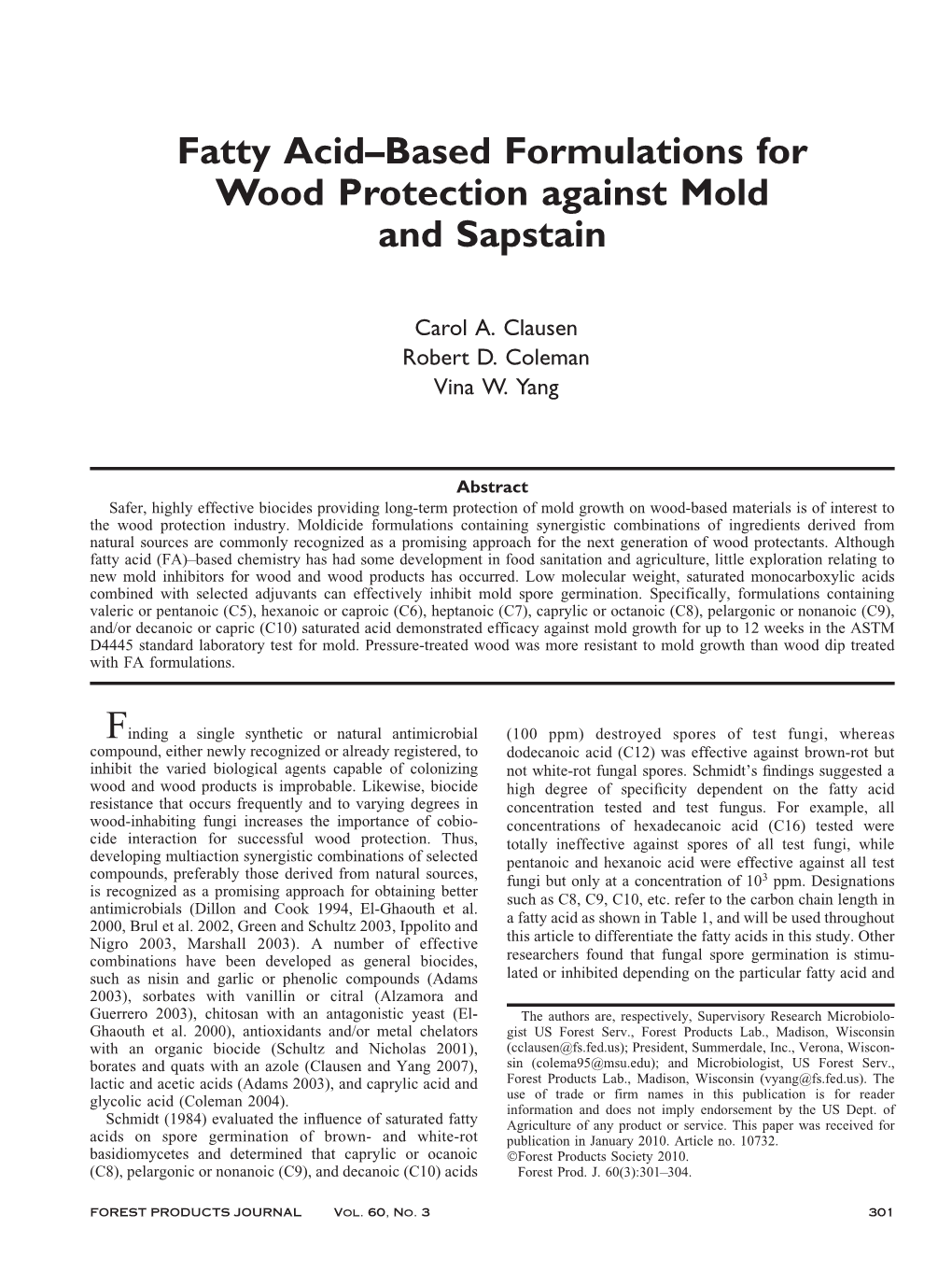 Fatty Acid–Based Formulations for Wood Protection Against Mold and Sapstain