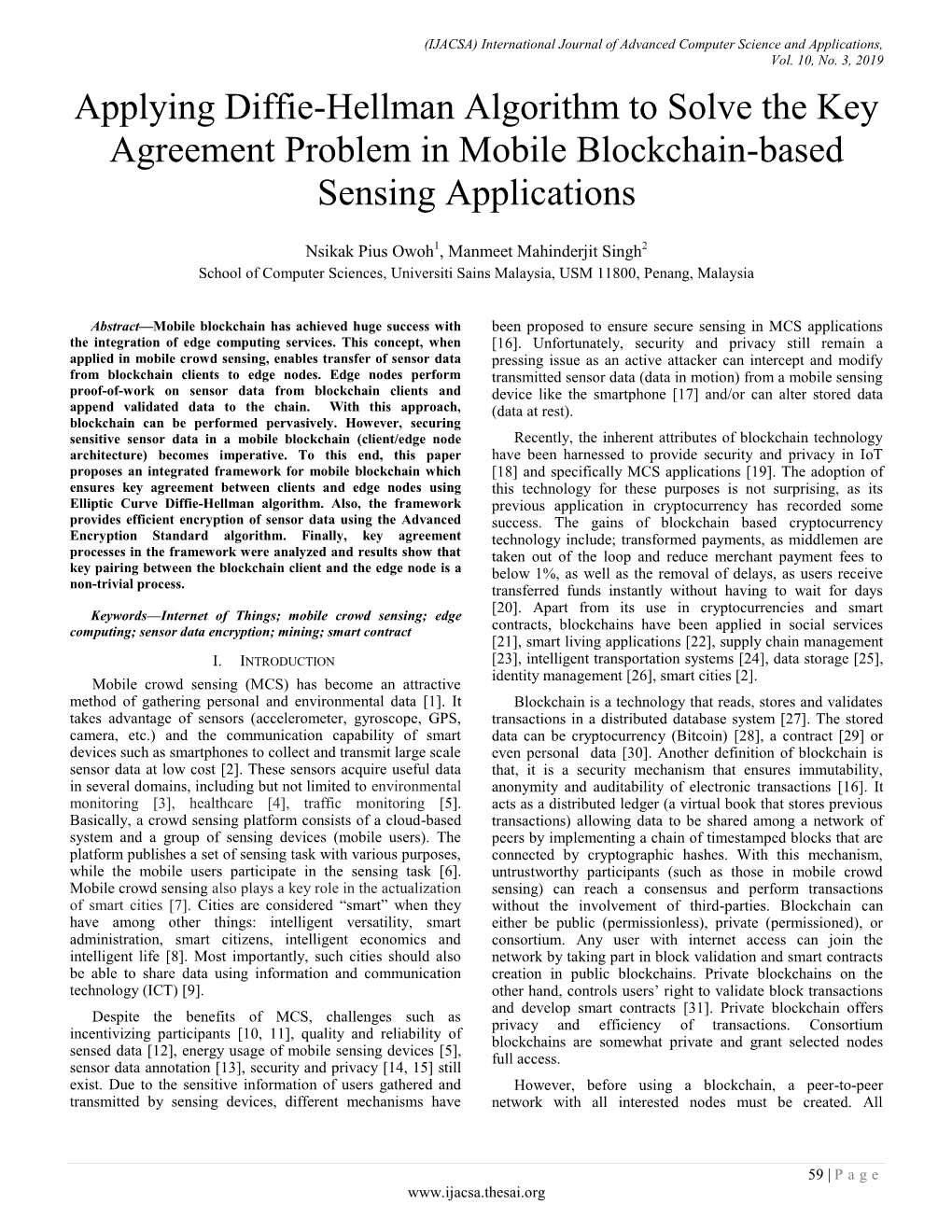 Applying Diffie-Hellman Algorithm to Solve the Key Agreement Problem in Mobile Blockchain-Based Sensing Applications