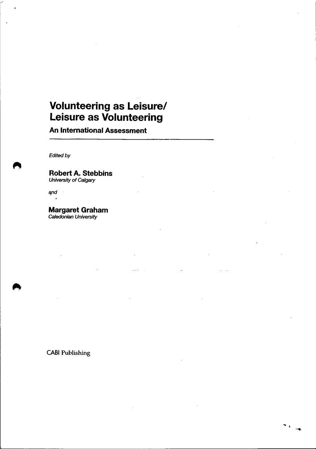 Leisure As Volunteering an International Assessment