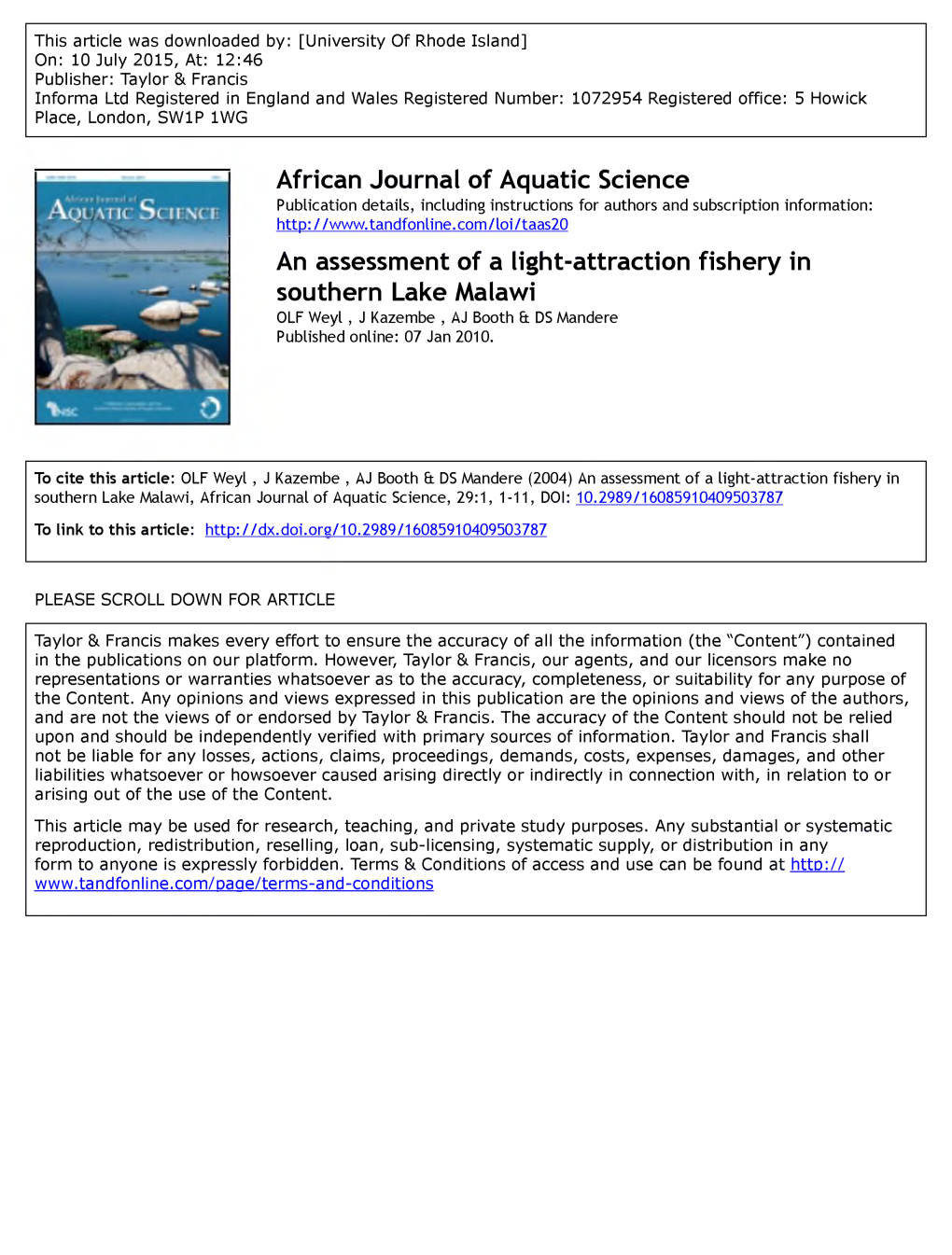 African Journal of Aquatic Science an Assessment of a Light-Attraction