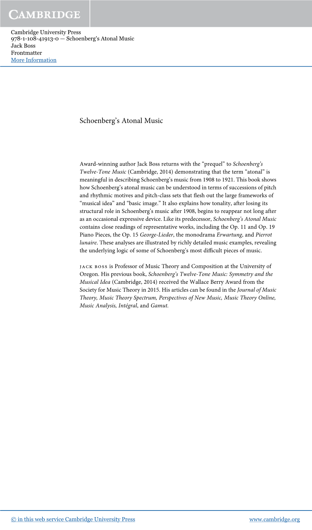 Schoenberg's Atonal Music Jack Boss Frontmatter More Information