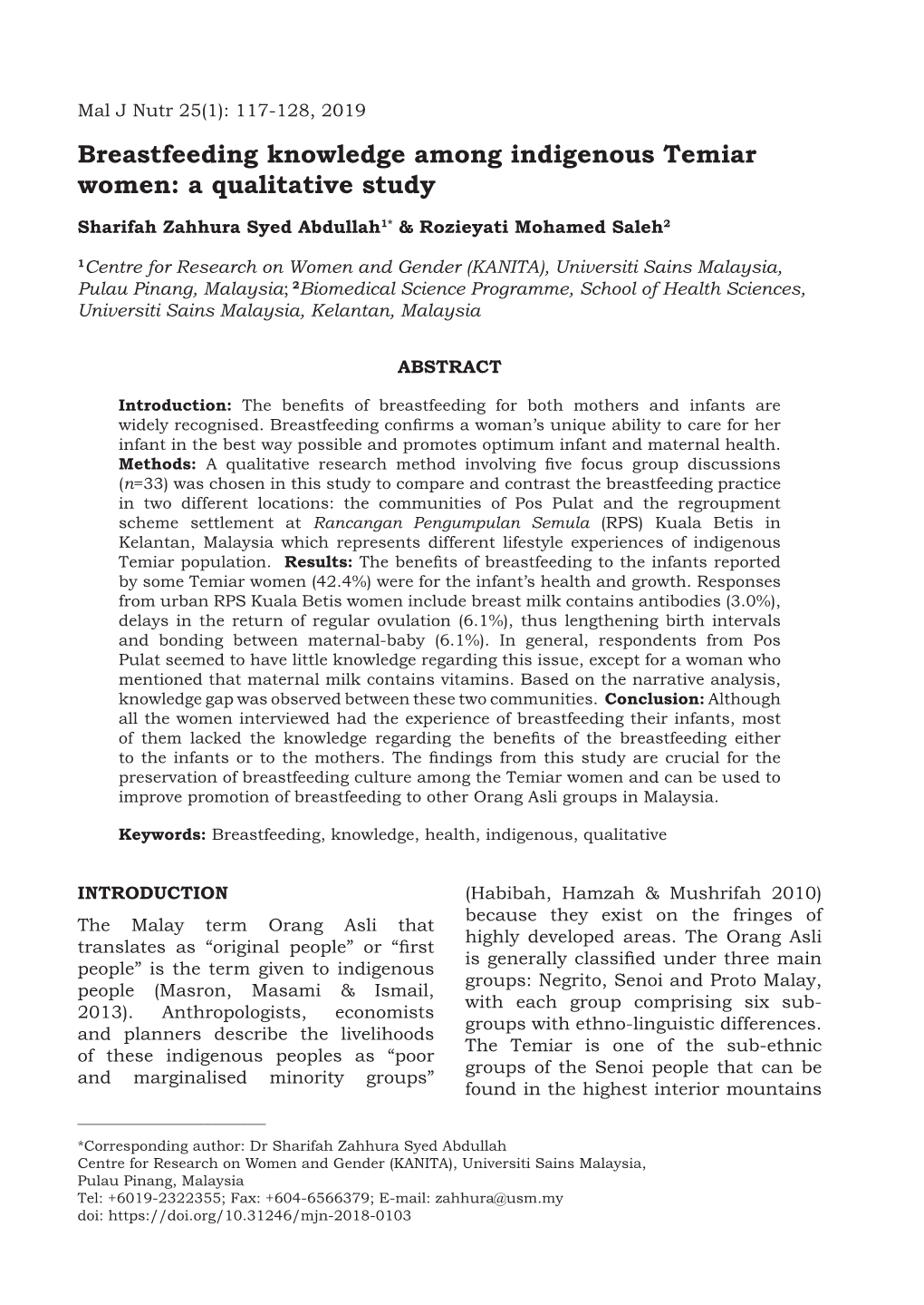 Breastfeeding Knowledge Among Indigenous Temiar Women: a Qualitative Study