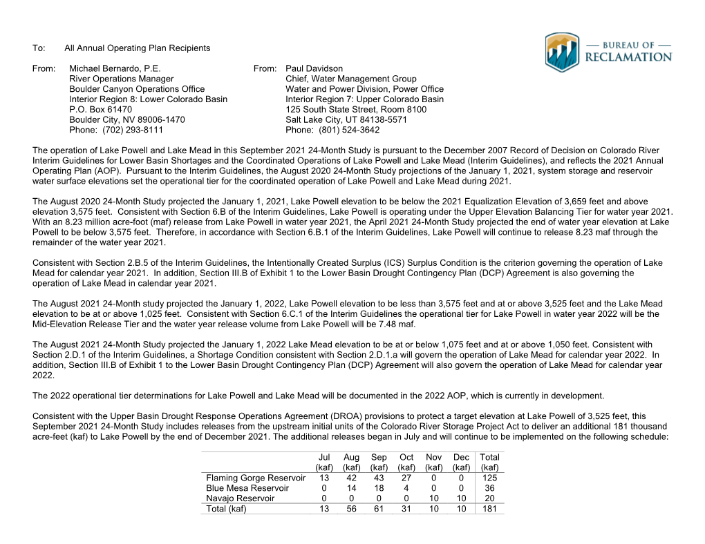 Reservoir Expected Operations the Operation of Lake Powell and Lake