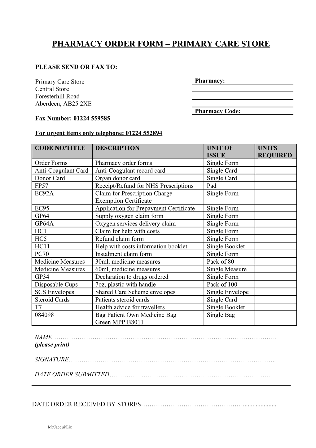 Pharmacy Order Form Primary Care Store