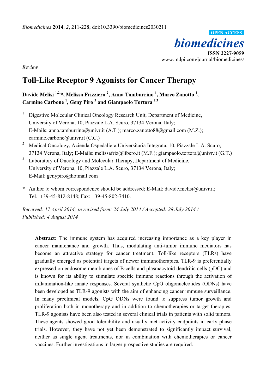 Toll-Like Receptor 9 Agonists for Cancer Therapy