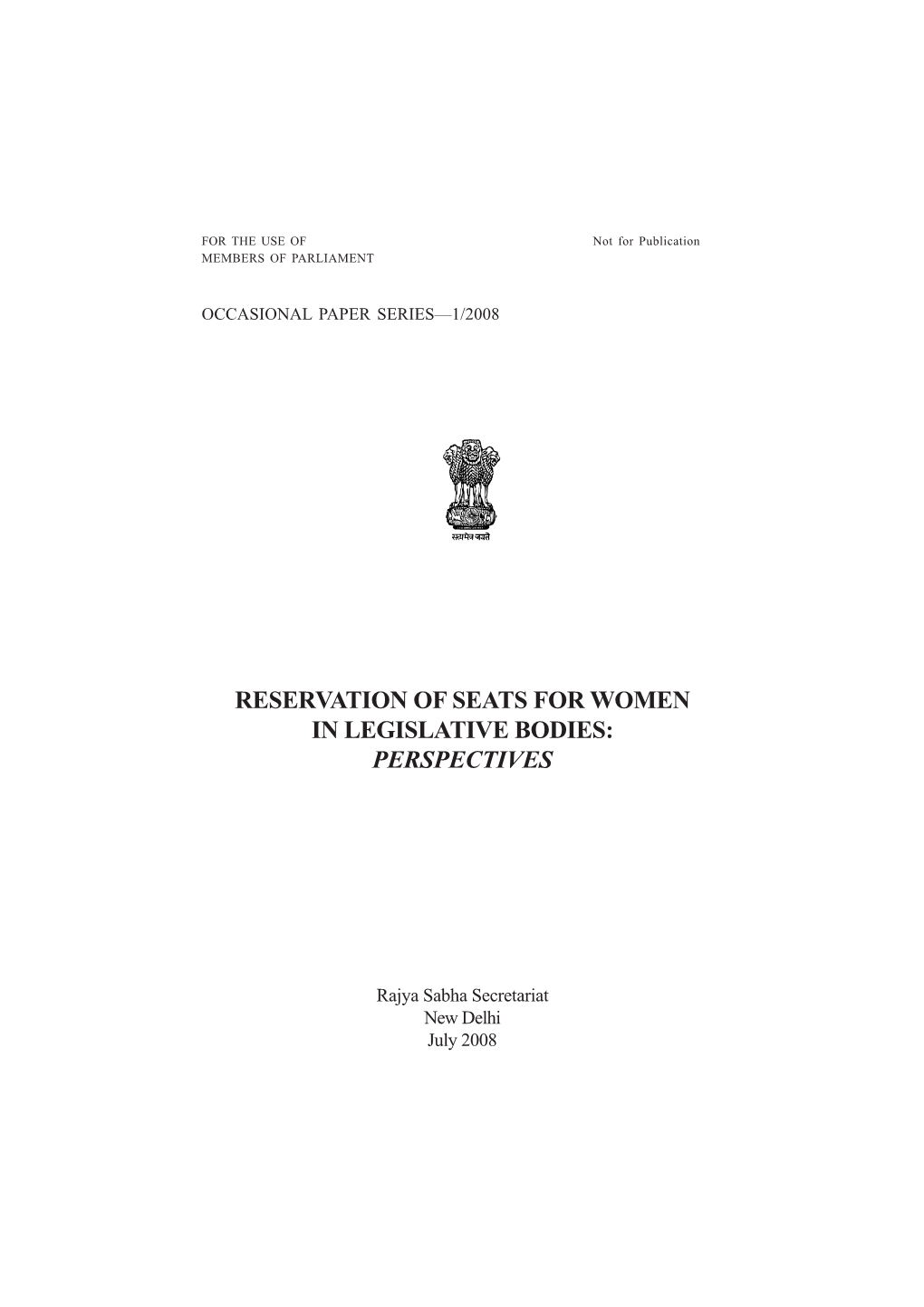 Reservation of Seats for Women in Legislative Bodies: Perspectives