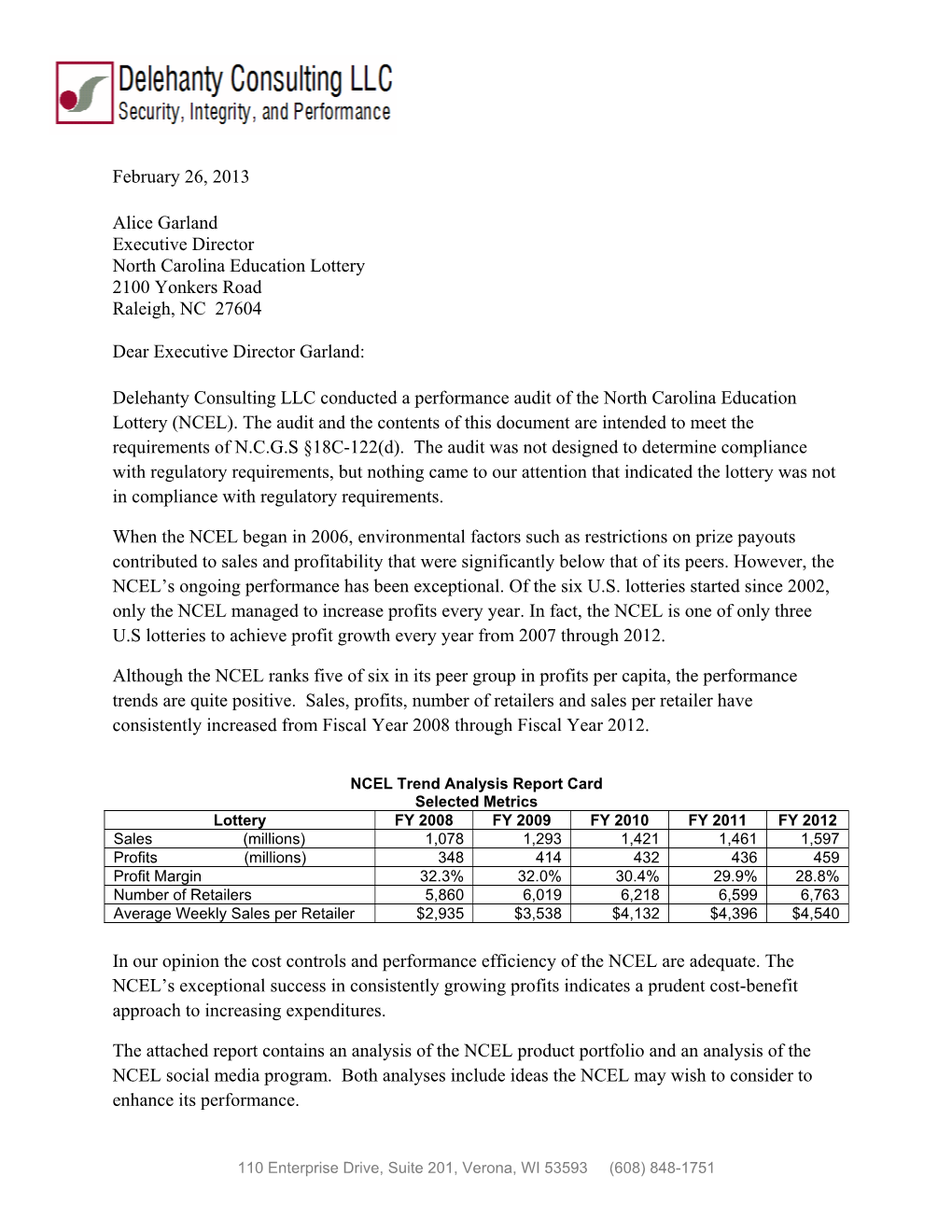 North Carolina Education Lottery Performance Audit