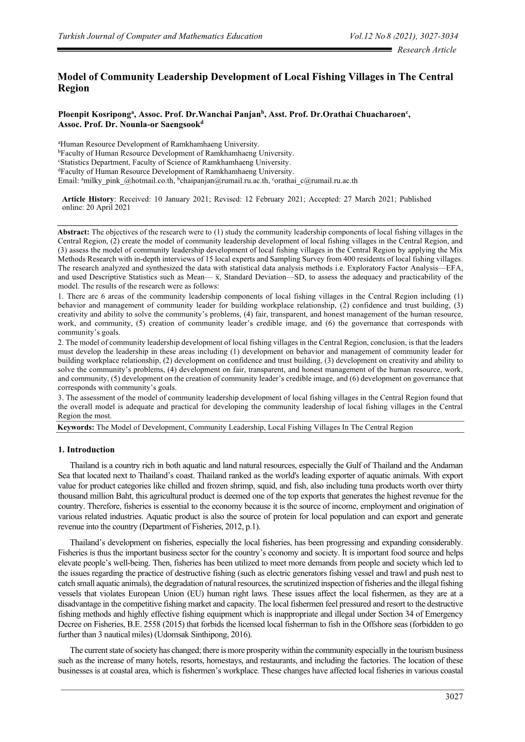 Model of Community Leadership Development of Local Fishing Villages in the Central Region