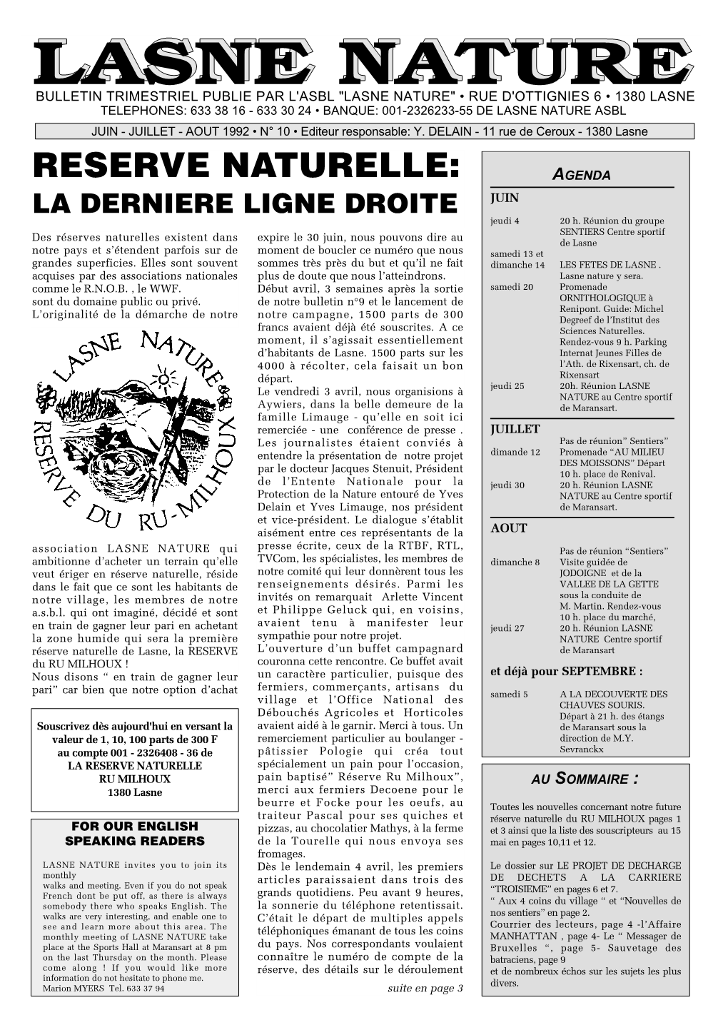 RESERVE NATURELLE: AGENDA LA DERNIERE LIGNE DROITE JUIN Jeudi 4 20 H