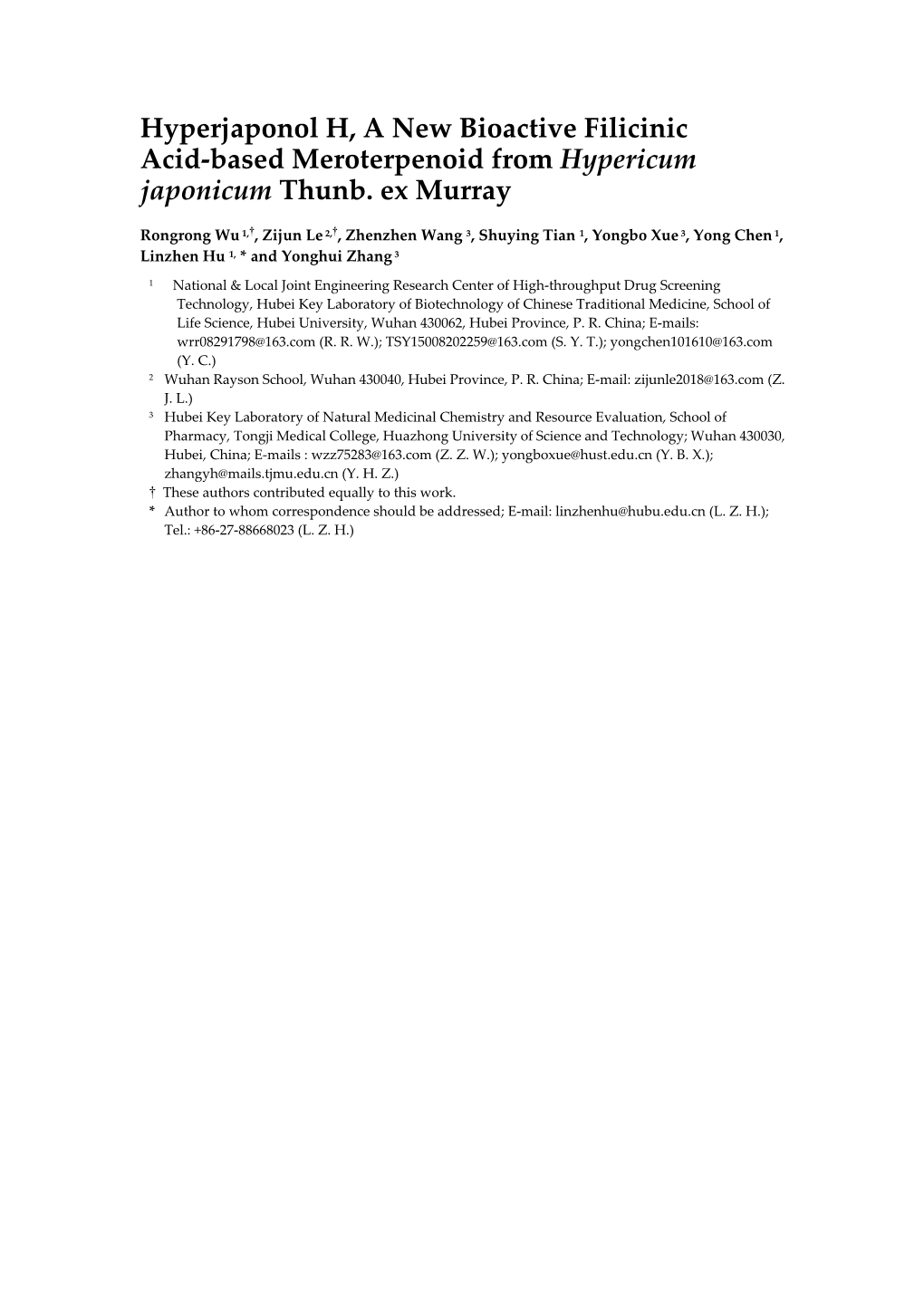 Hyperjaponol H, a New Bioactive Filicinic Acid-Based Meroterpenoid from Hypericum Japonicum Thunb. Ex Murray