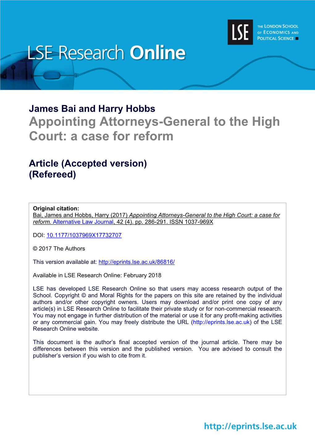 Appointing Attorneys-General to the High Court: a Case for Reform