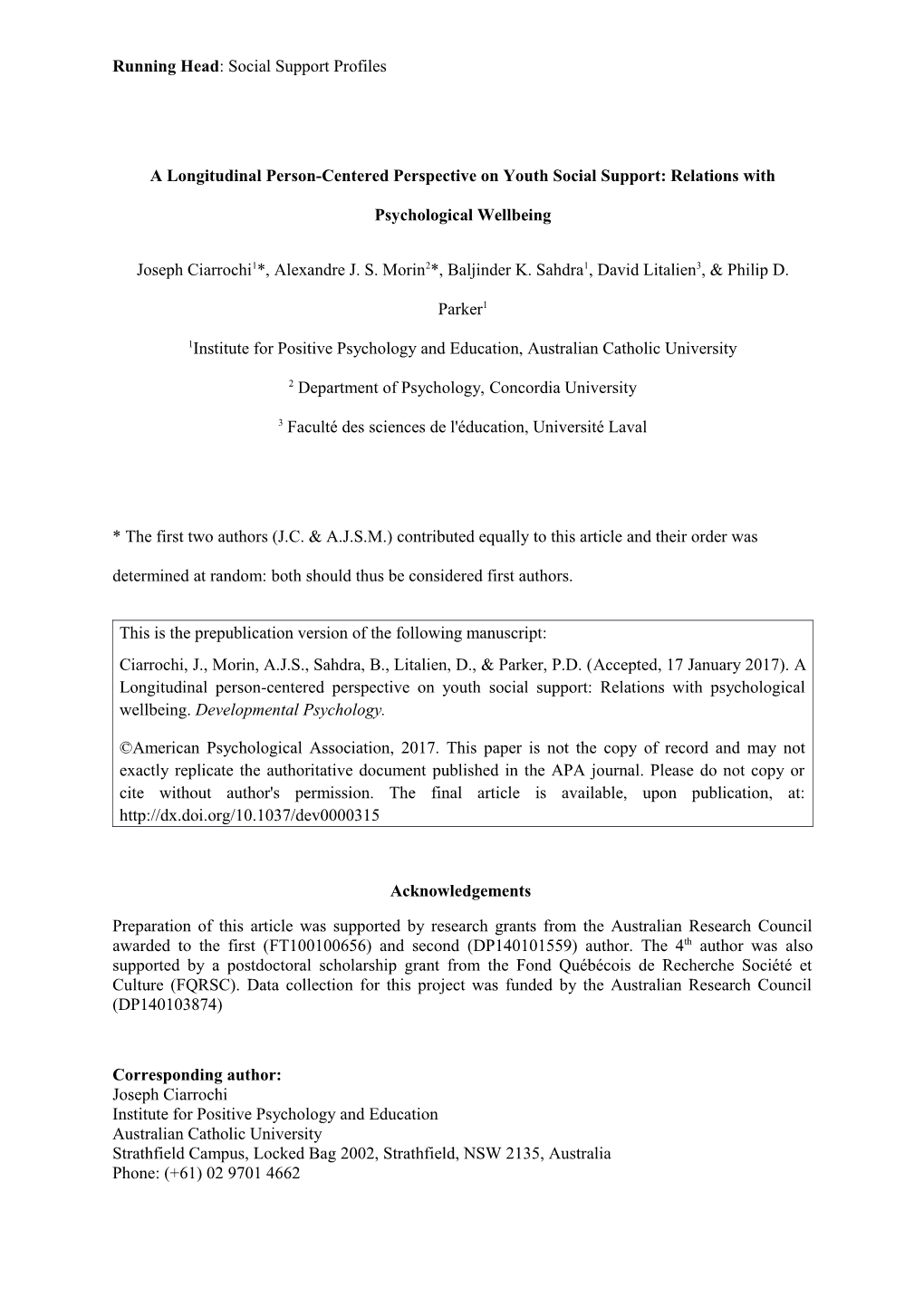 A Longitudinal Person-Centered Perspective on Youth Social Support: Relations With