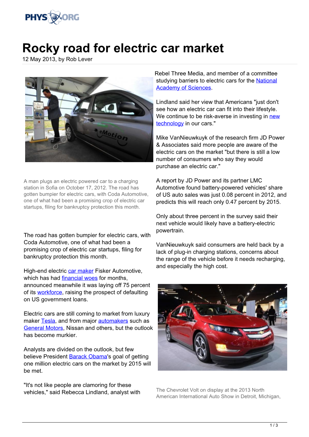 Rocky Road for Electric Car Market 12 May 2013, by Rob Lever