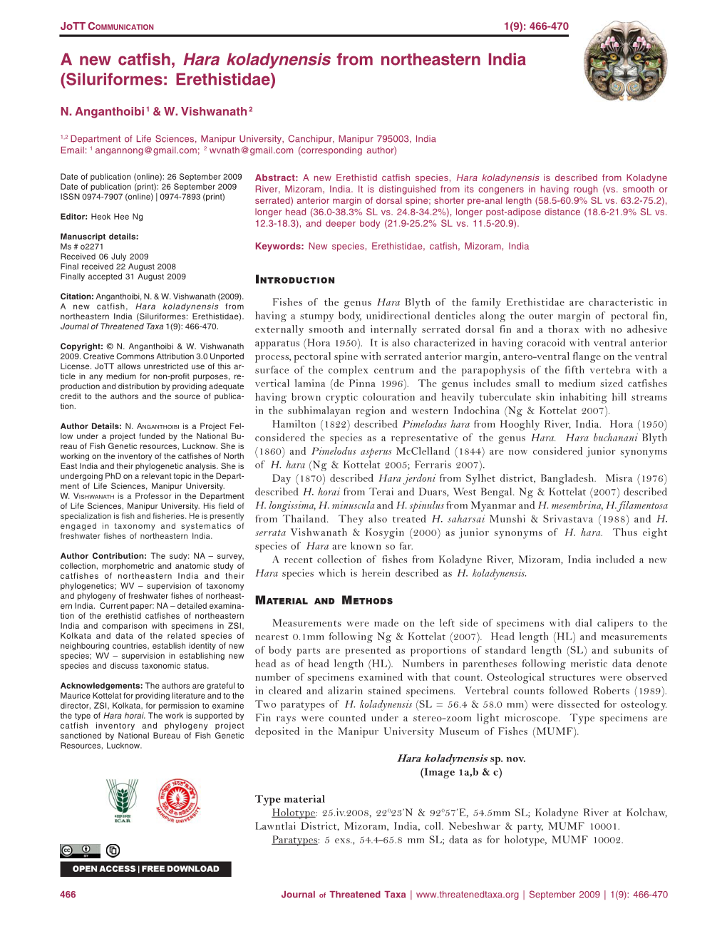 A New Catfish, Hara Koladynensis from Northeastern India (Siluriformes: Erethistidae)