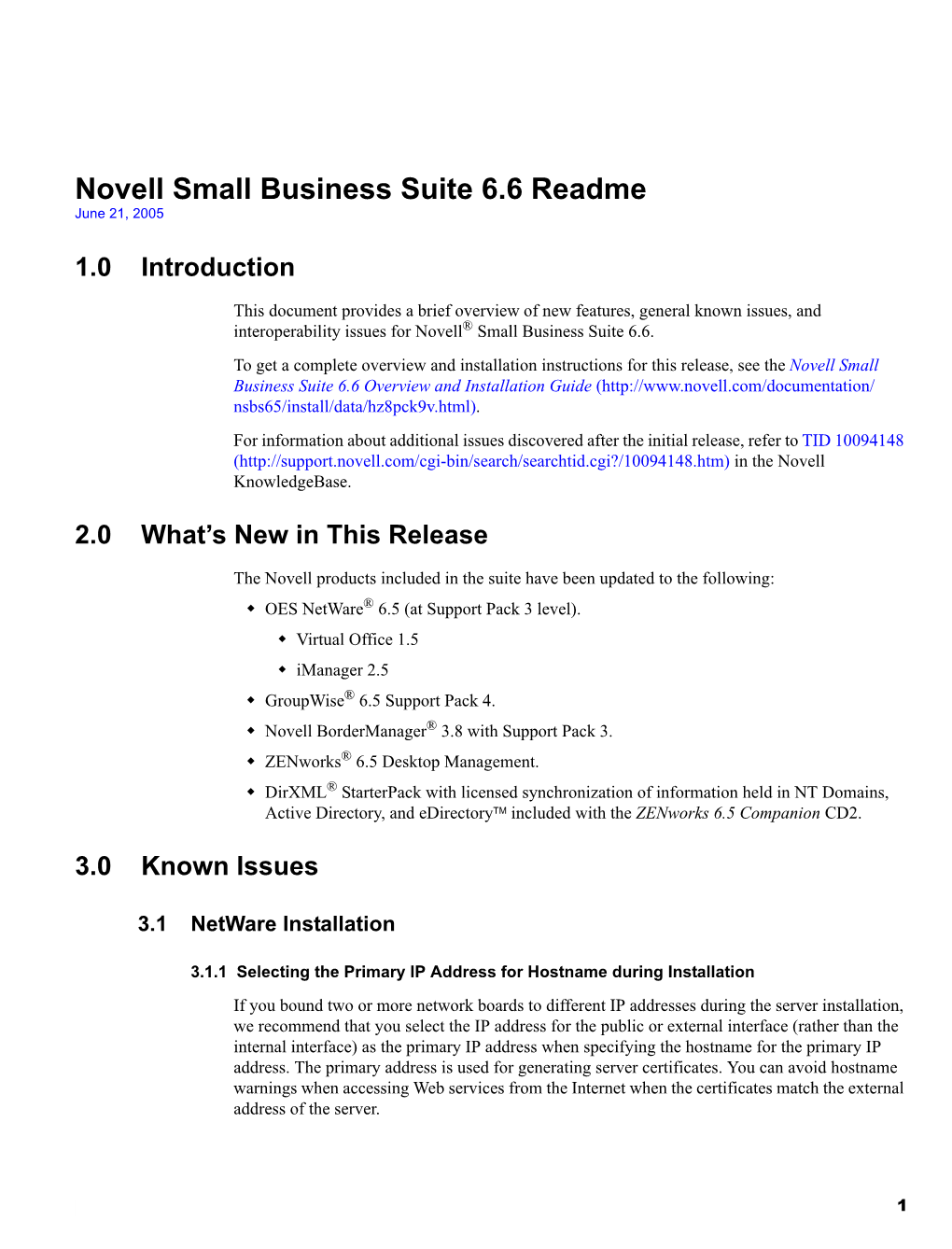 Novell Small Business Suite 6.6 Readme June 21, 2005