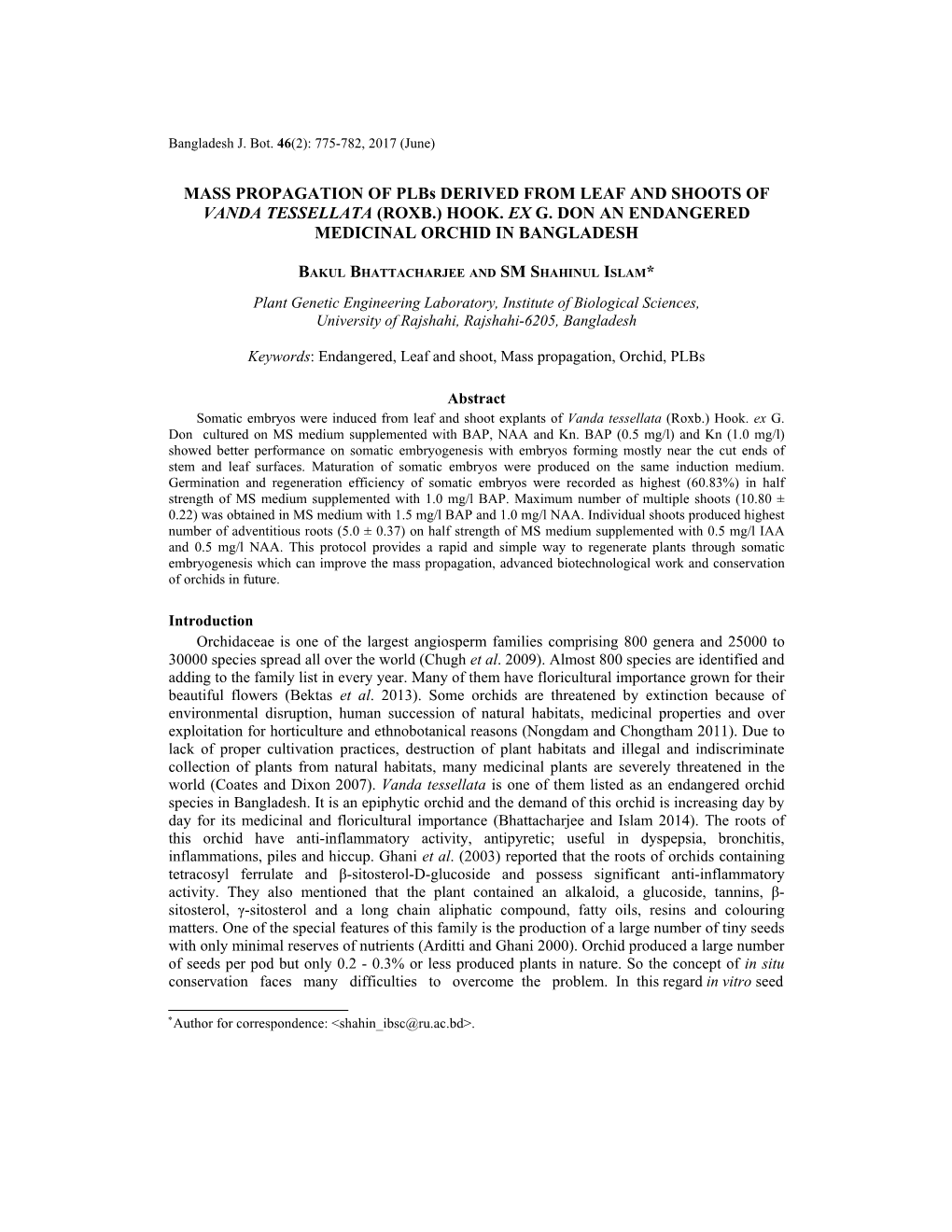 MASS PROPAGATION of Plbs DERIVED from LEAF and SHOOTS of VANDA TESSELLATA (ROXB.) HOOK