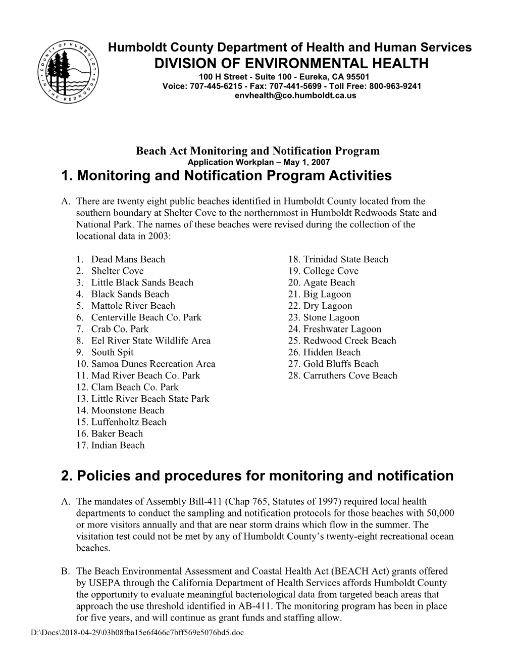 Beach Act Monitoring and Notification Program