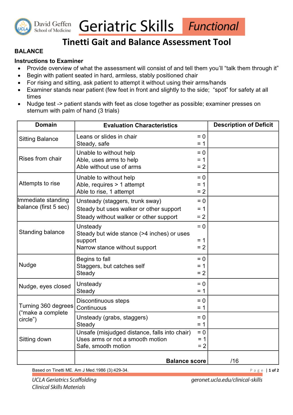 Tinetti Gait and Balance Assessment Tool