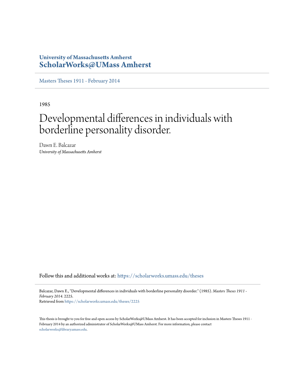 Developmental Differences in Individuals with Borderline Personality Disorder