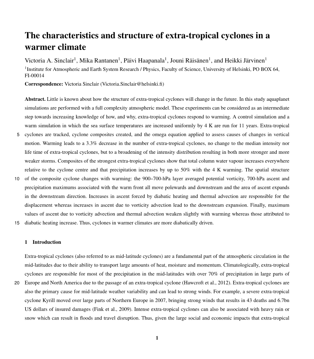 The Characteristics and Structure of Extra-Tropical Cyclones in a Warmer Climate Victoria A