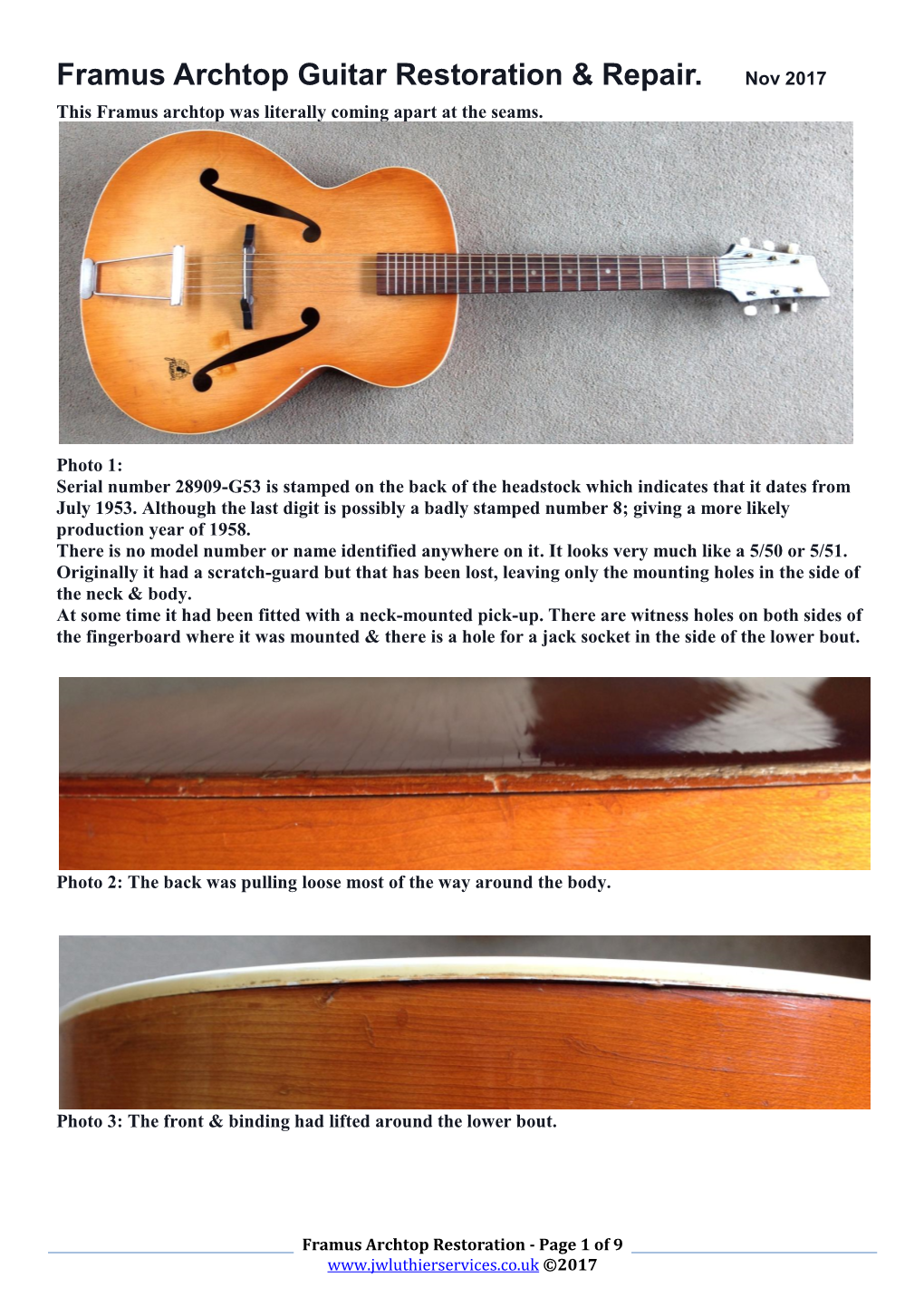 Framus Archtop Guitar Restoration & Repair. Nov 2017