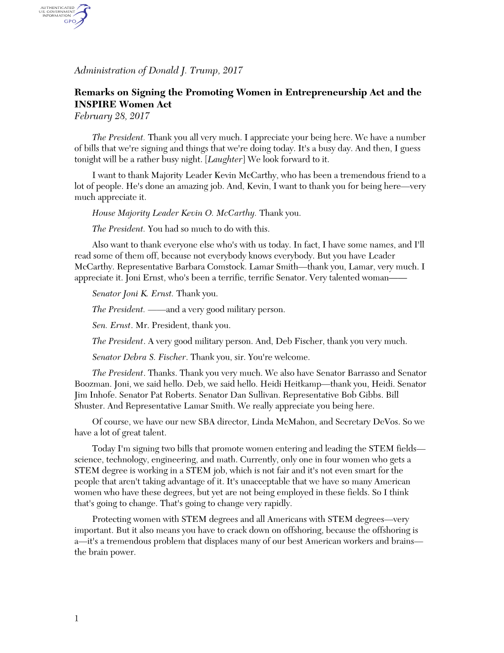 Administration of Donald J. Trump, 2017 Remarks on Signing the Promoting Women in Entrepreneurship Act and the INSPIRE Women