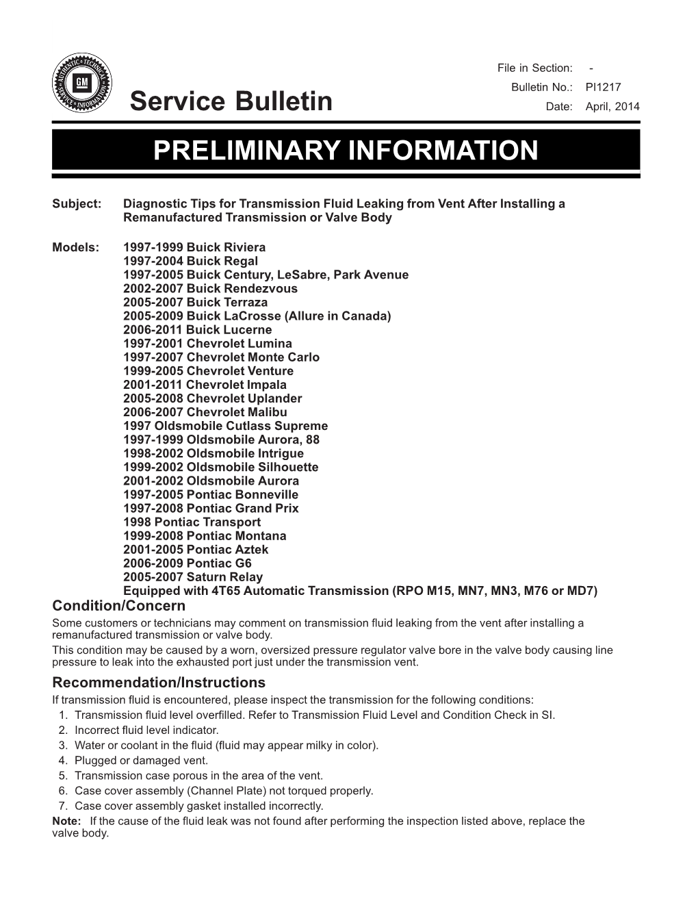 Service Bulletin PRELIMINARY INFORMATION