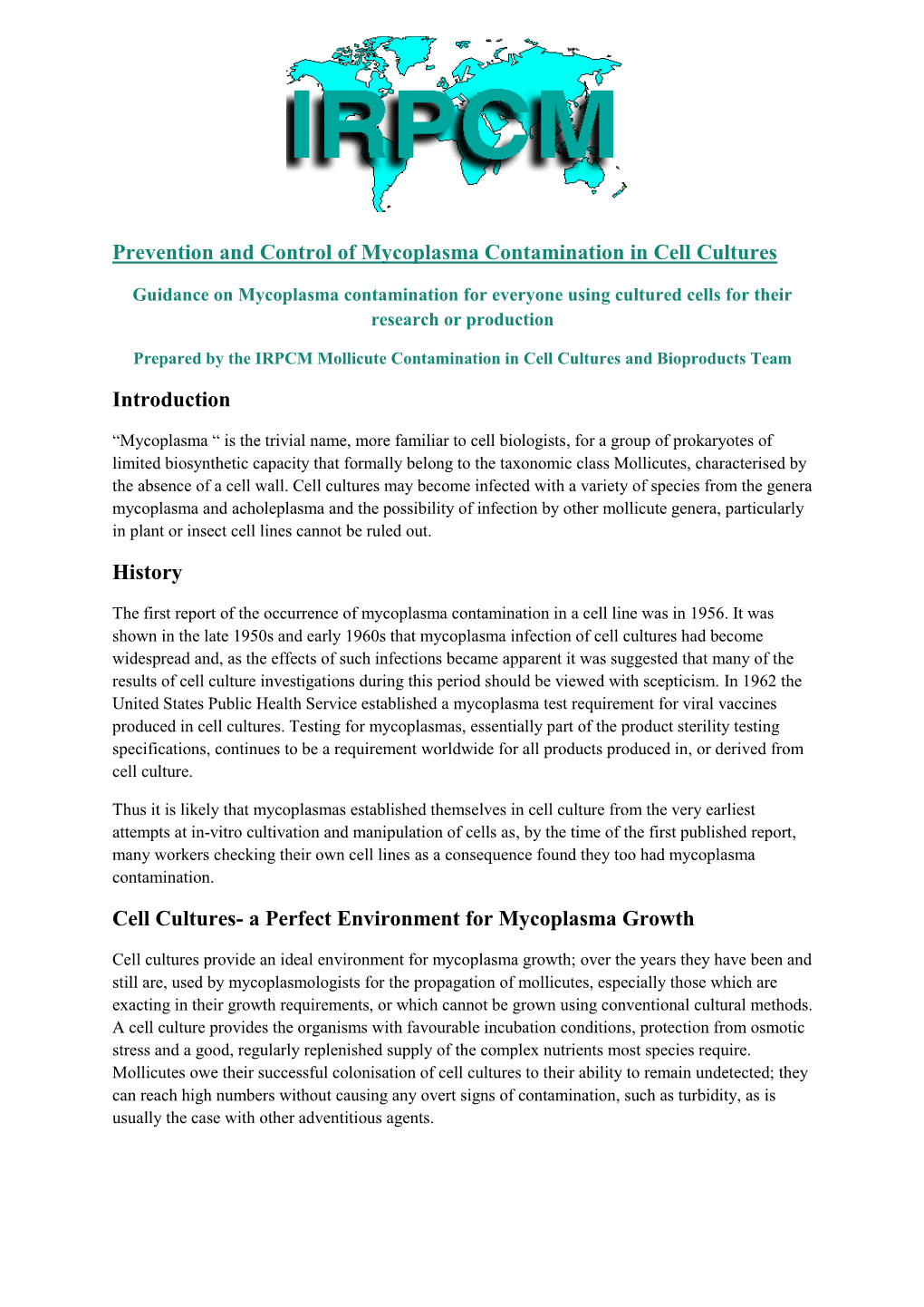 Prevention and Control of Mycoplasma Contamination in Cell Cultures