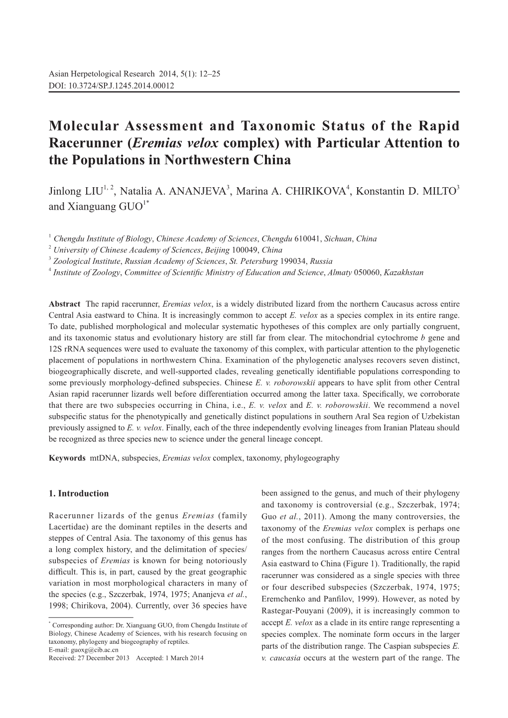 Molecular Assessment and Taxonomic Status of the Rapid Racerunner (Eremias Velox Complex) with Particular Attention to the Populations in Northwestern China