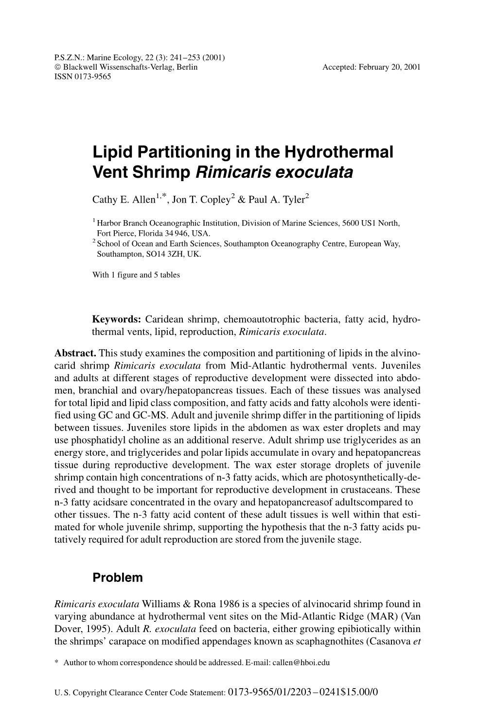 Lipid Partitioning in the Hydrothermal Vent Shrimp Rimicaris Exoculata