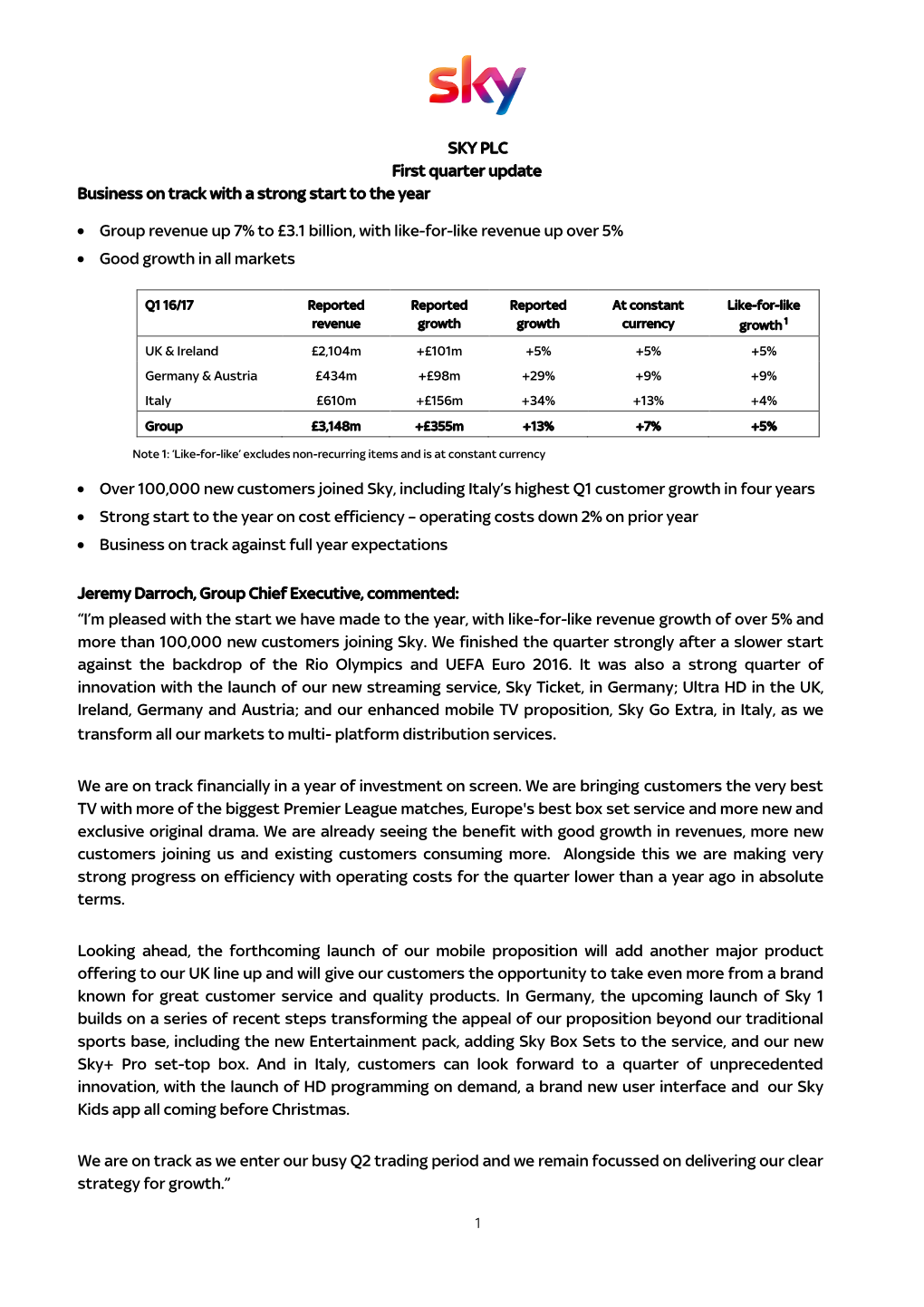 SKY PLC First Quarter Update Business on Track with a Strong Start to the Year