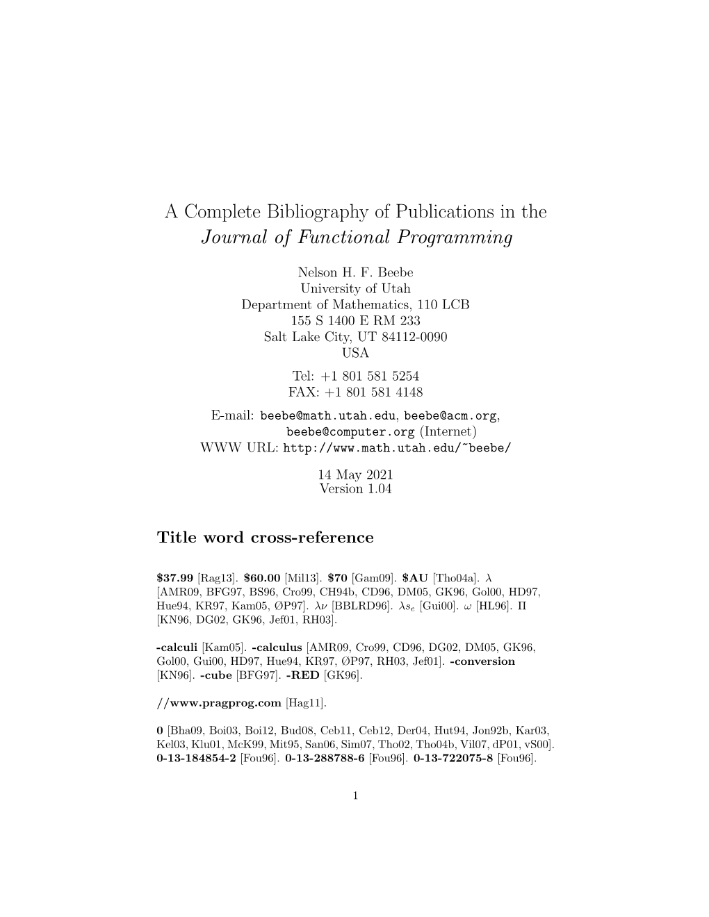 A Complete Bibliography of Publications in the Journal of Functional Programming