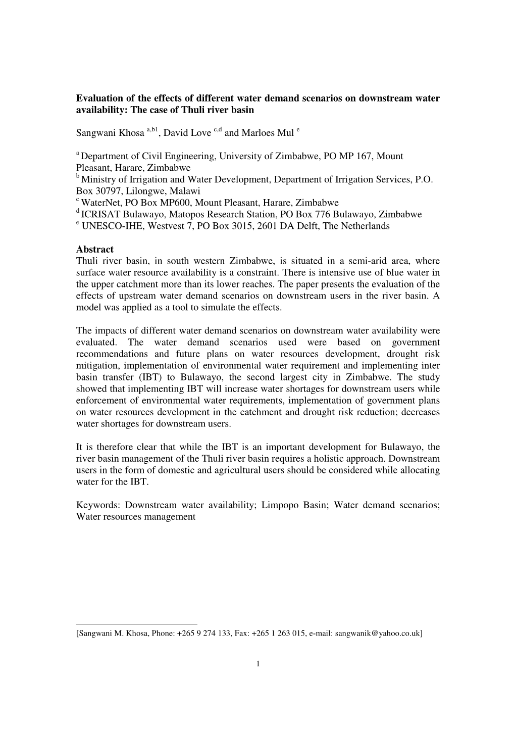 Evaluation of the Effects of Different Water Demand Scenarios on Downstream Water Availability: the Case of Thuli River Basin