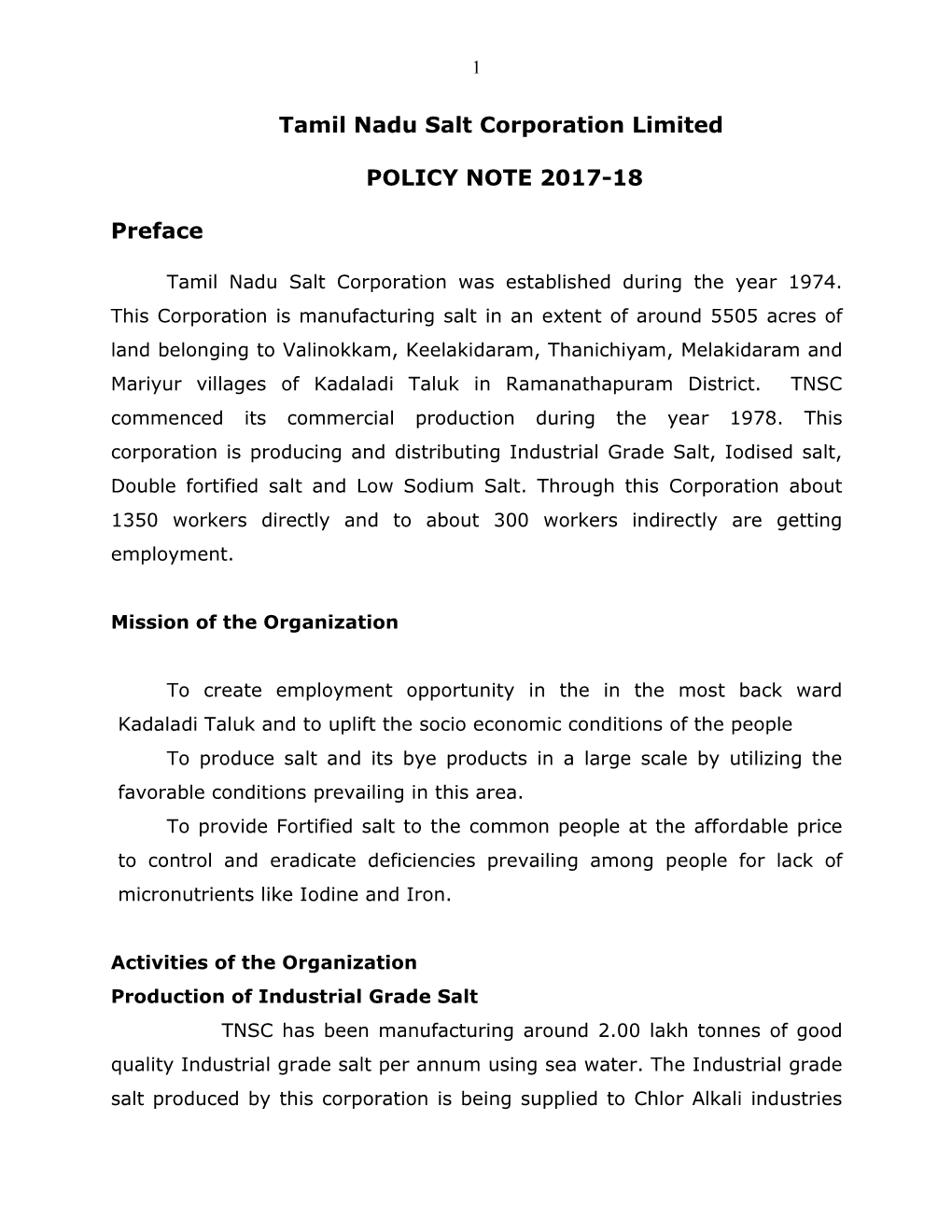 Tamil Nadu Salt Corporation Limited POLICY NOTE 2017-18 Preface