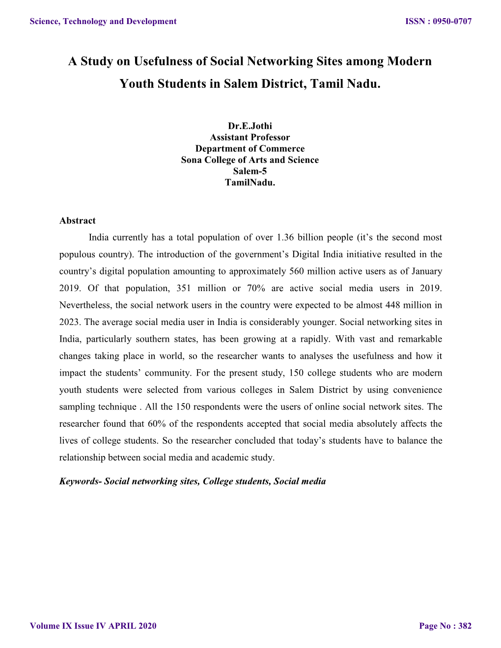 A Study on Usefulness of Social Networking Sites Among Modern Youth Students in Salem District, Tamil Nadu