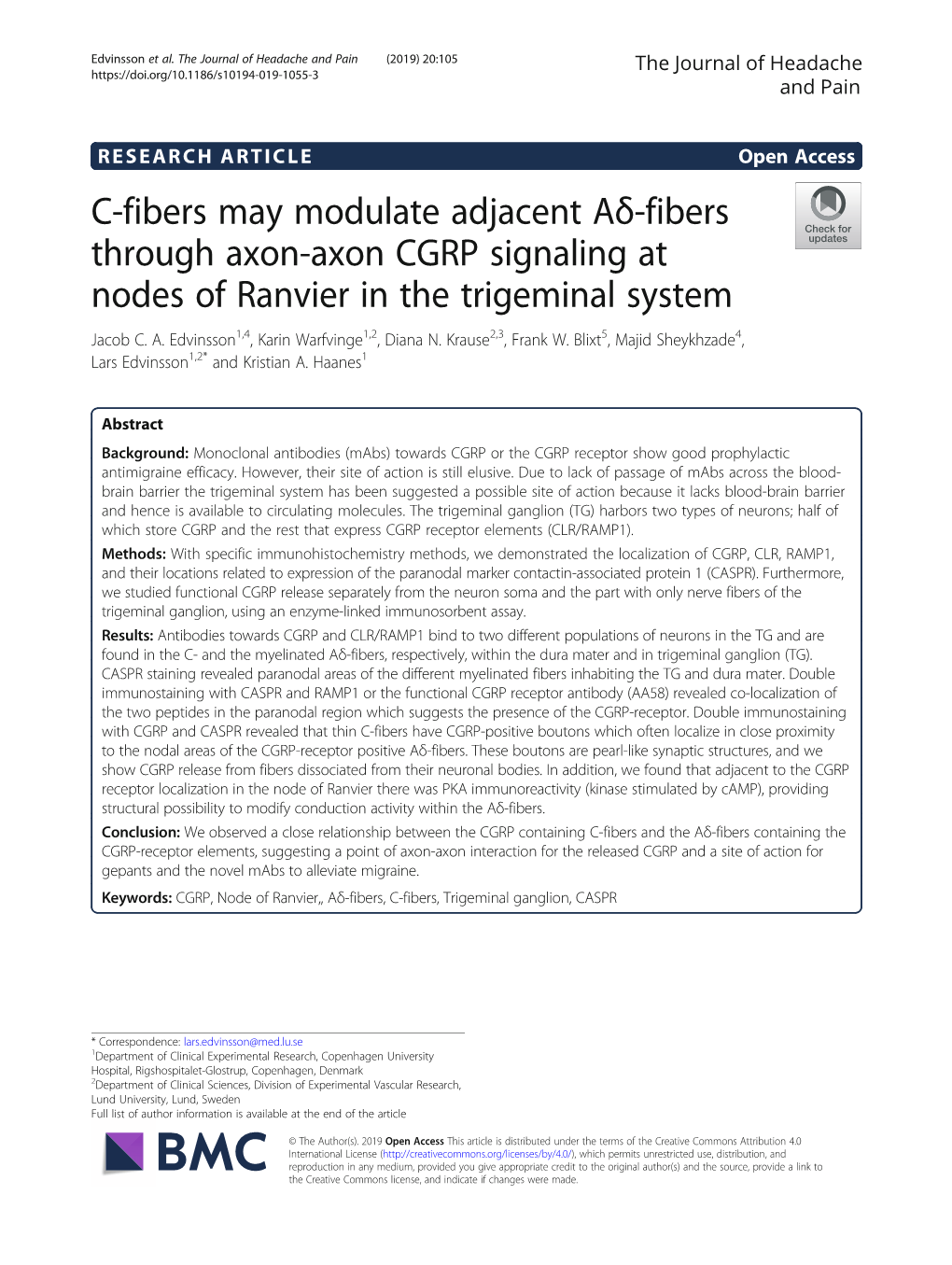 C-Fibers May Modulate Adjacent Aδ-Fibers Through Axon-Axon CGRP Signaling at Nodes of Ranvier in the Trigeminal System Jacob C