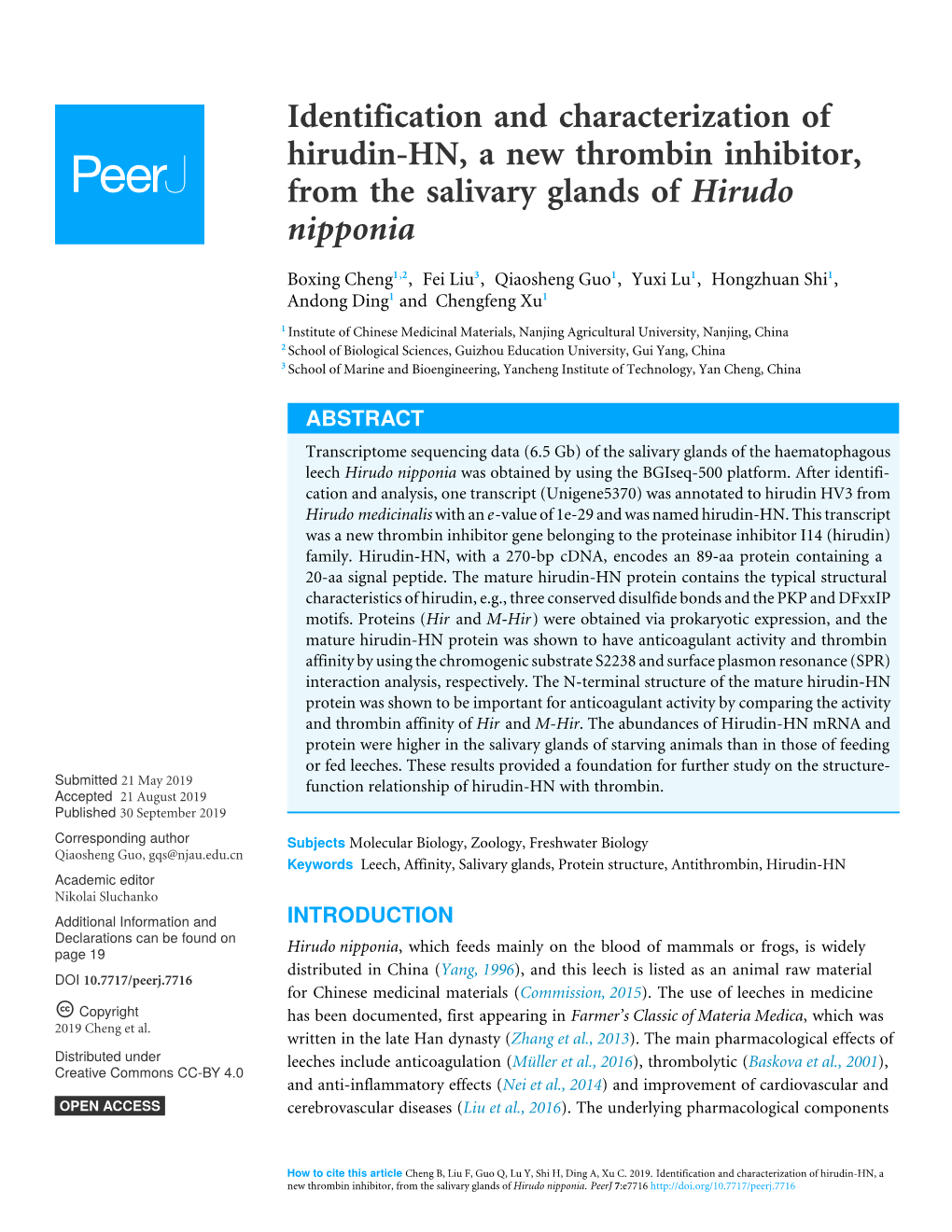 Identification and Characterization of Hirudin-HN, a New Thrombin Inhibitor, from the Salivary Glands of Hirudo Nipponia