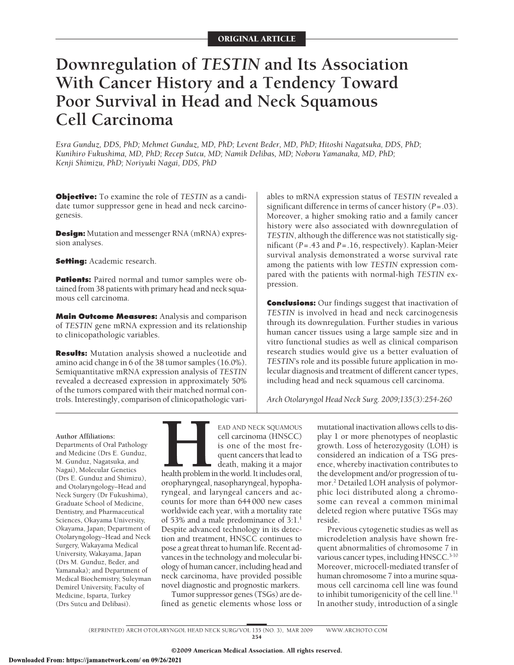 Downregulation of TESTIN and Its Association with Cancer History and a Tendency Toward Poor Survival in Head and Neck Squamous Cell Carcinoma