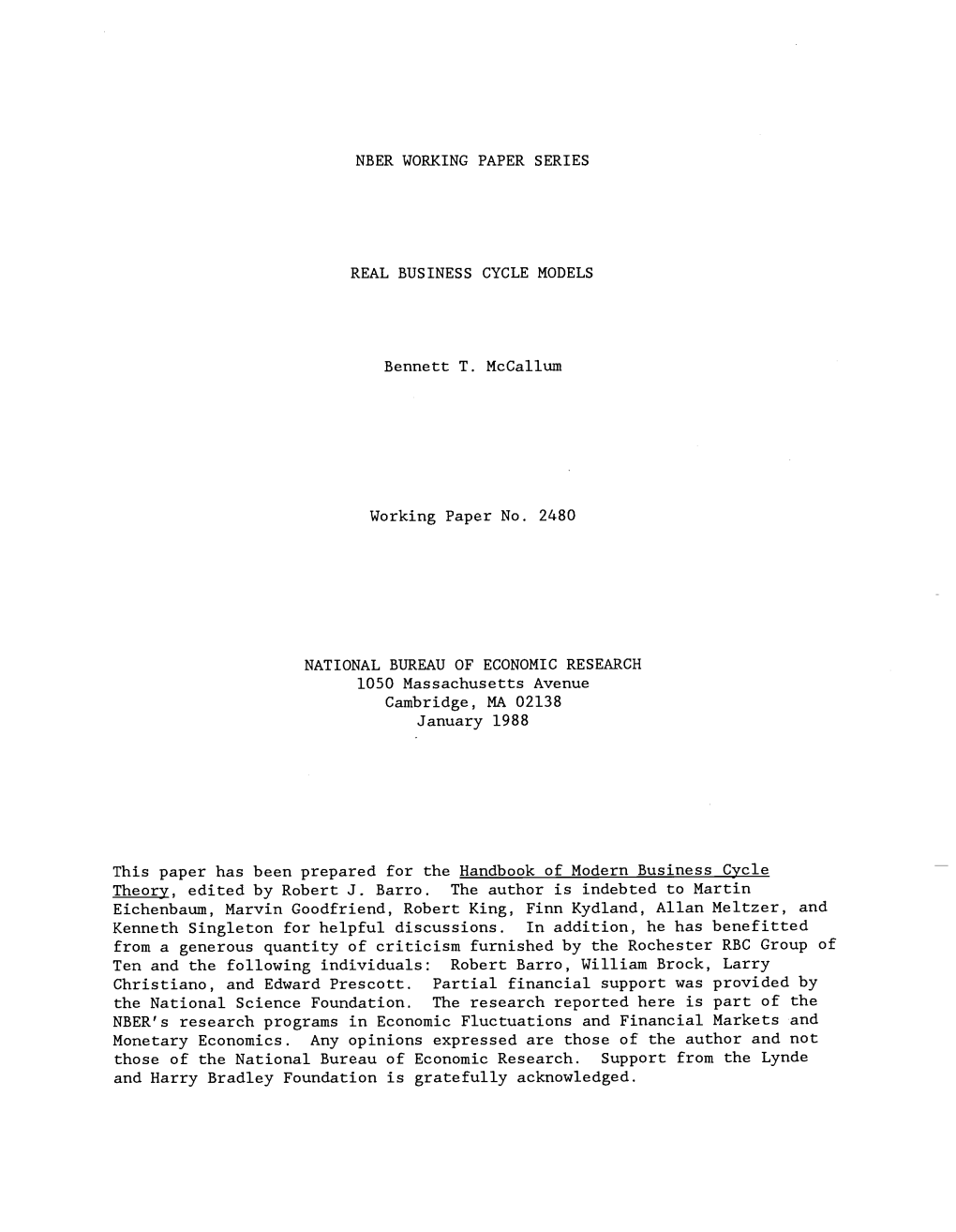 Nber Working Paper Series Real Business Cycle Models