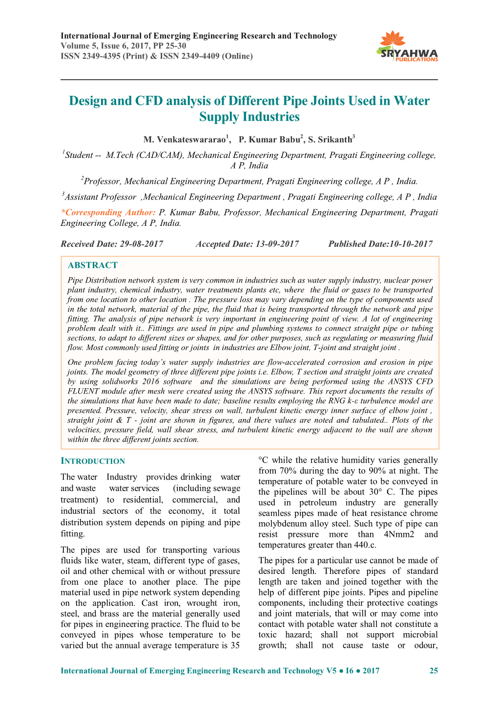 Design and CFD Analysis of Different Pipe Joints Used in Water Supply Industries